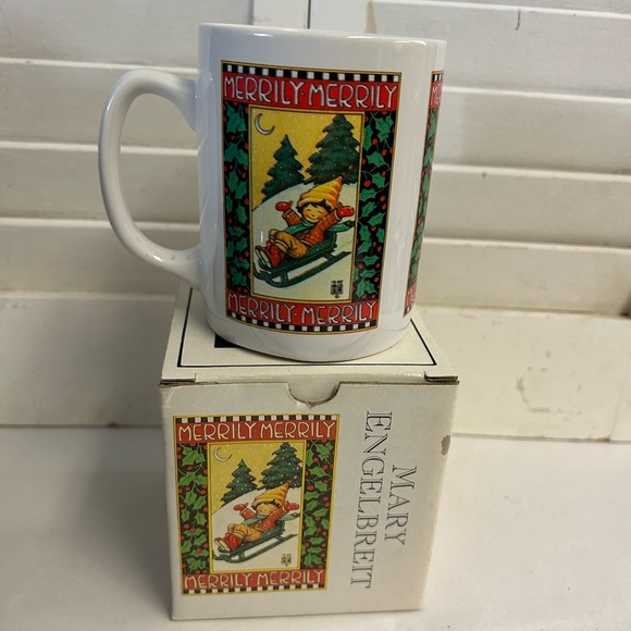 Vintage 1990's MARY ENGELBREIT unused Christmas mug in original box Merrily Sled - Picture 9 of 12